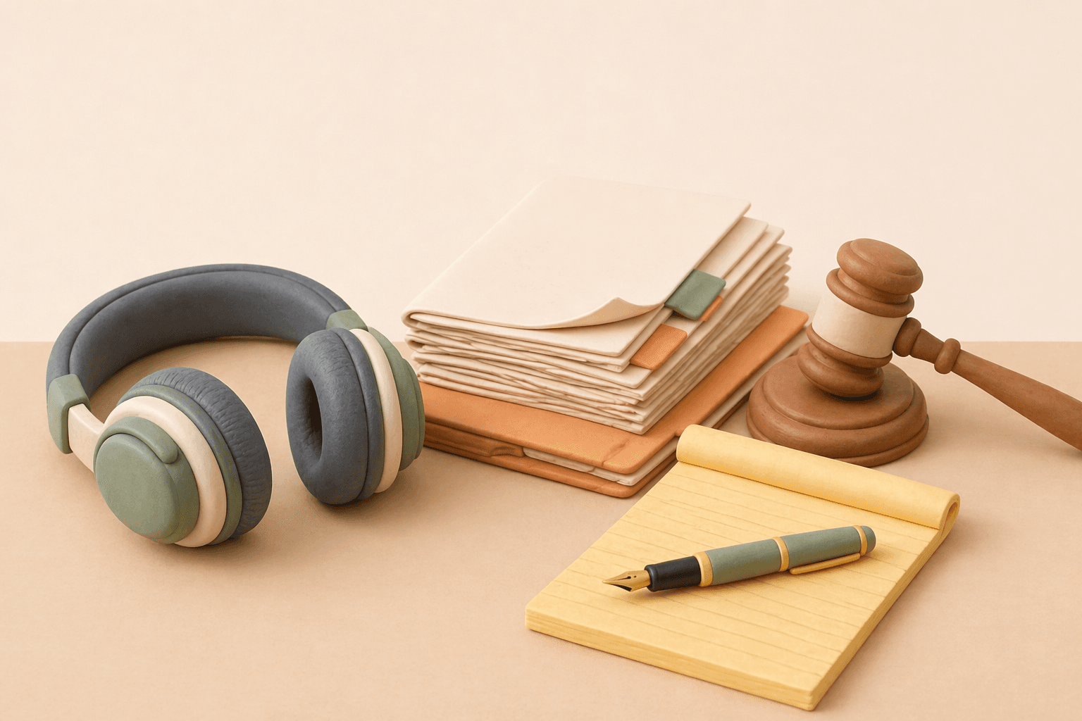 Pod Narrator for lawyers illustration with headphones, legal documents, a gavel, and a legal pad