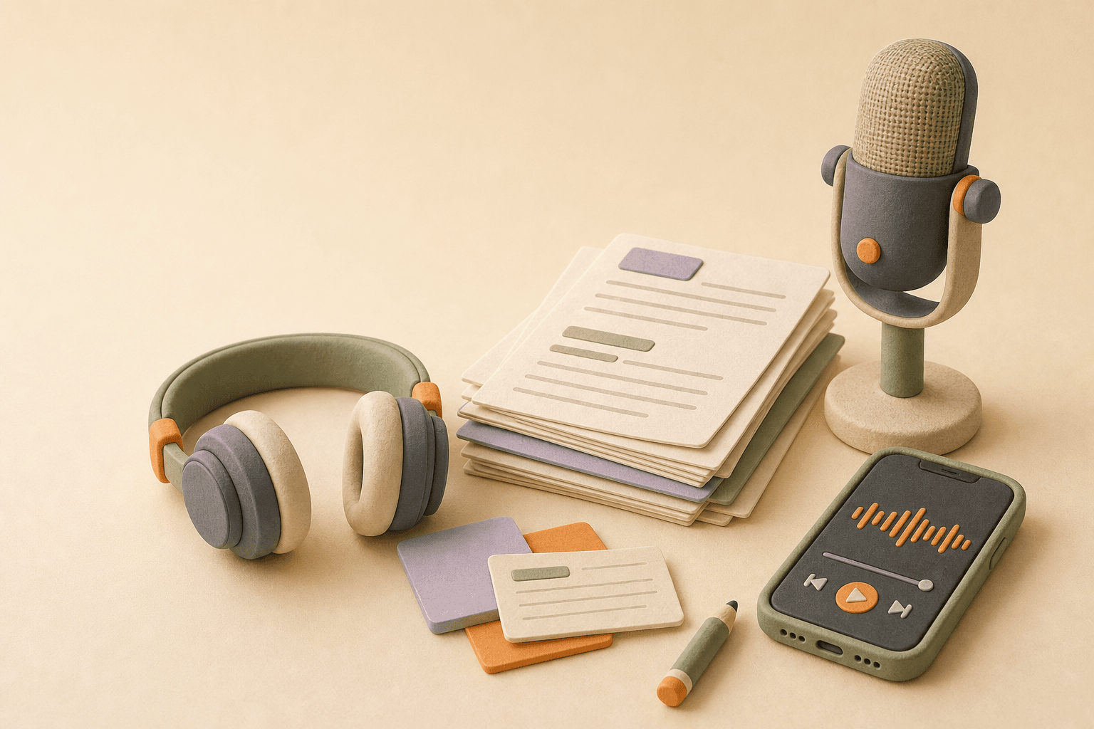 Pod Narrator for podcasters illustration with headphones, script pages, a studio microphone, and a phone