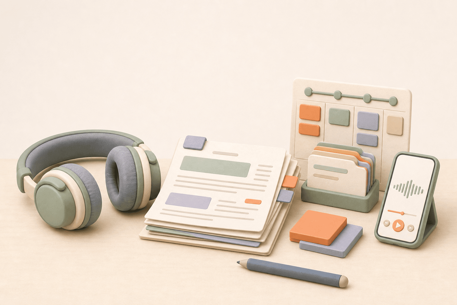 Pod Narrator for product managers illustration with headphones, product specs, roadmap cards, and a phone