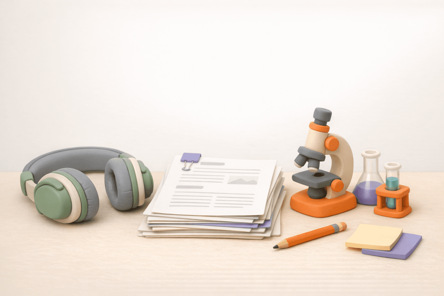 Pod Narrator for researchers illustration with headphones, papers, and lab tools