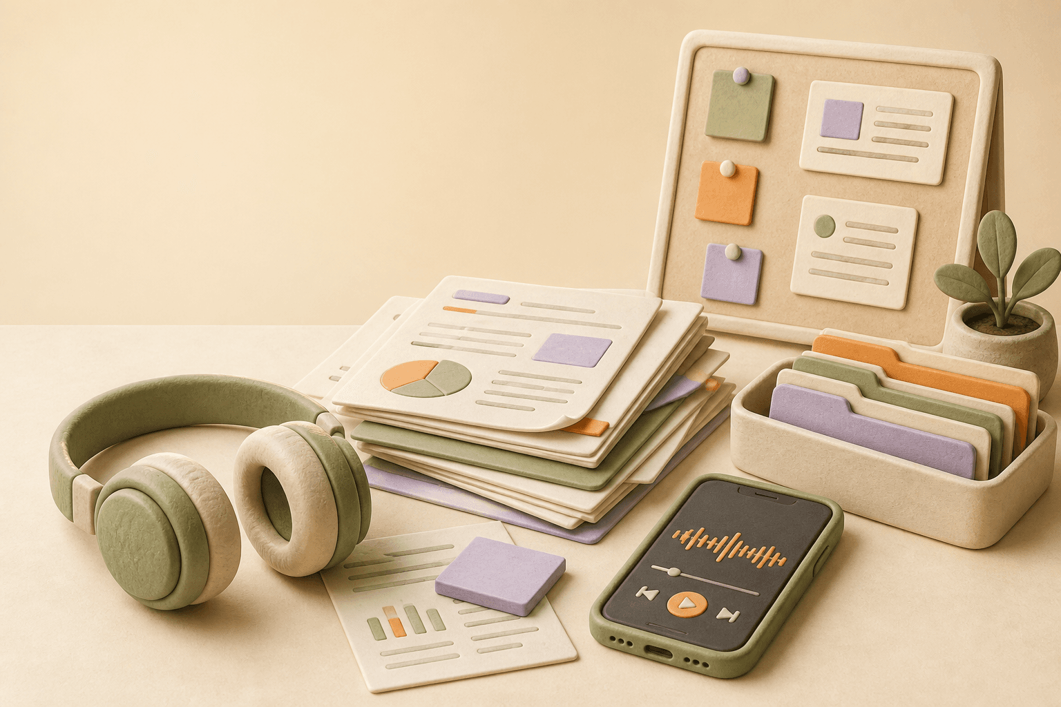 Pod Narrator for consultants illustration with headphones, client documents, folders, and a phone