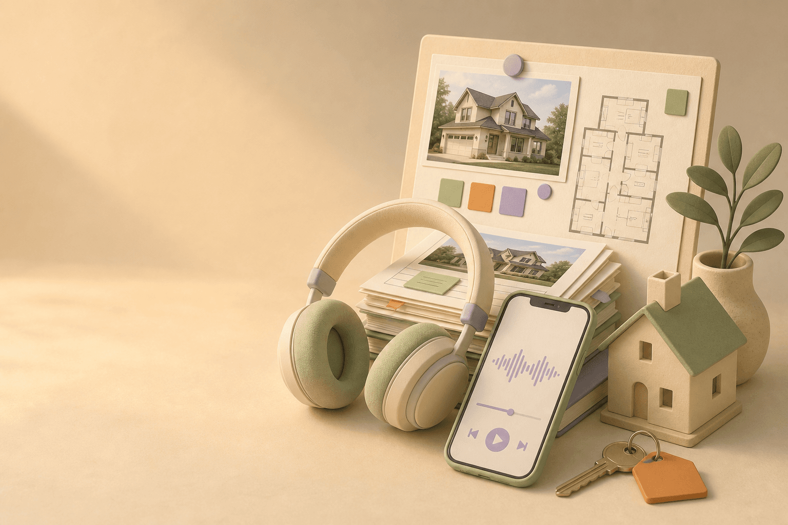 Pod Narrator for real estate agents illustration with headphones, listing sheets, a house model, keys, and a phone